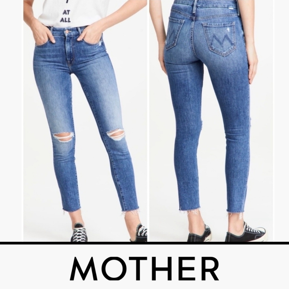 Mother Looker Ankle Fray Blue Jeans Slim Mid Rise Distressed Raw Hem Size 27